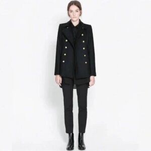 ZARA~Womens MILITARY PEA COAT Black Wool Gold Button Double Breasted SIZE SMALL